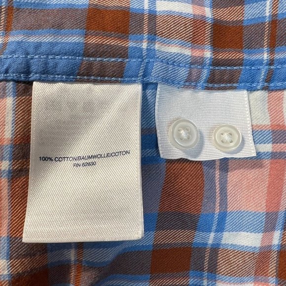 Lands End Flannel Shirt 14 Women Plaid Orange Blue Popover‎ Long Roll Tab Sleeve - Picture 10 of 11